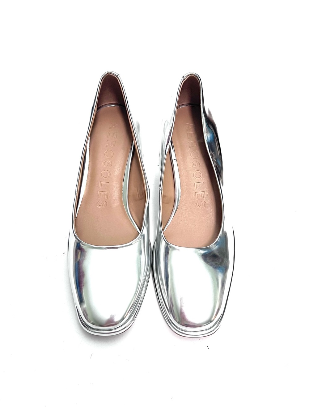 Vintage Y2K high mirror metallic silver leather slip on chunky heels - Picture 4 of 8